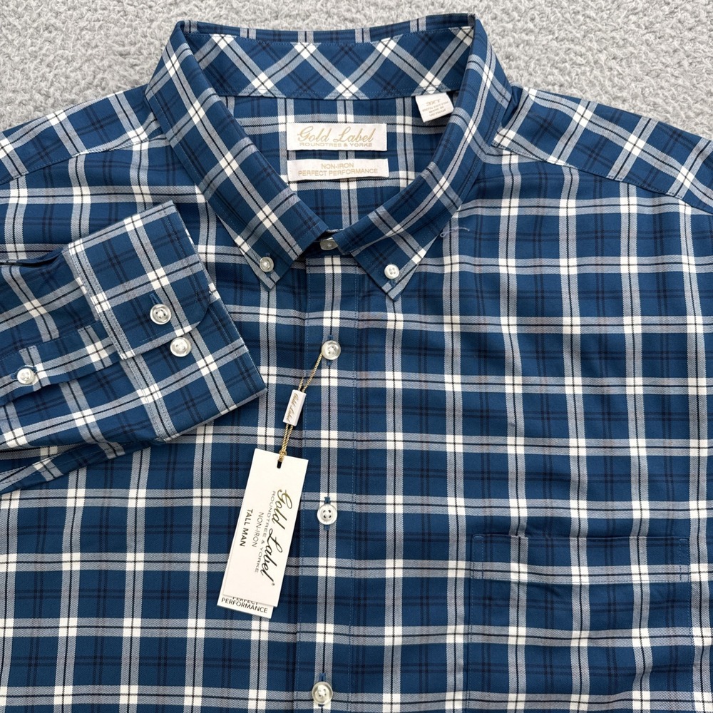 Roundtree Yorke Dress Shirt Mens 3XLT Blue Plaid Non Iron Gold Label Button Up